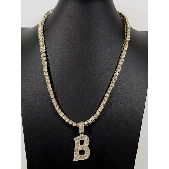 Unbranded Jewelry - Gold Tone Rhinestone Baguette Tennis Necklace Initial Letter B Pendant BLING